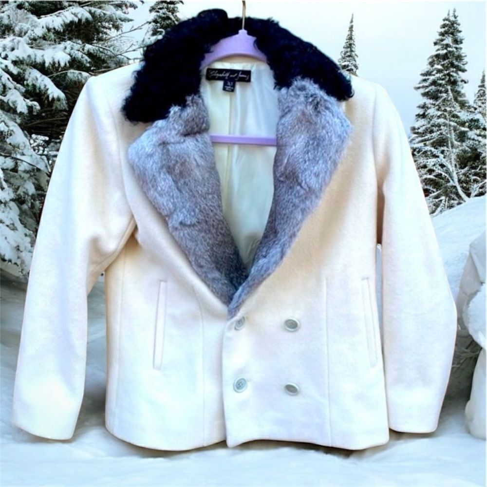 Elizabeth & James White Wool Jacket/Peacoat w/Kalgan Lamp & Rabbit Fur. Size XS
